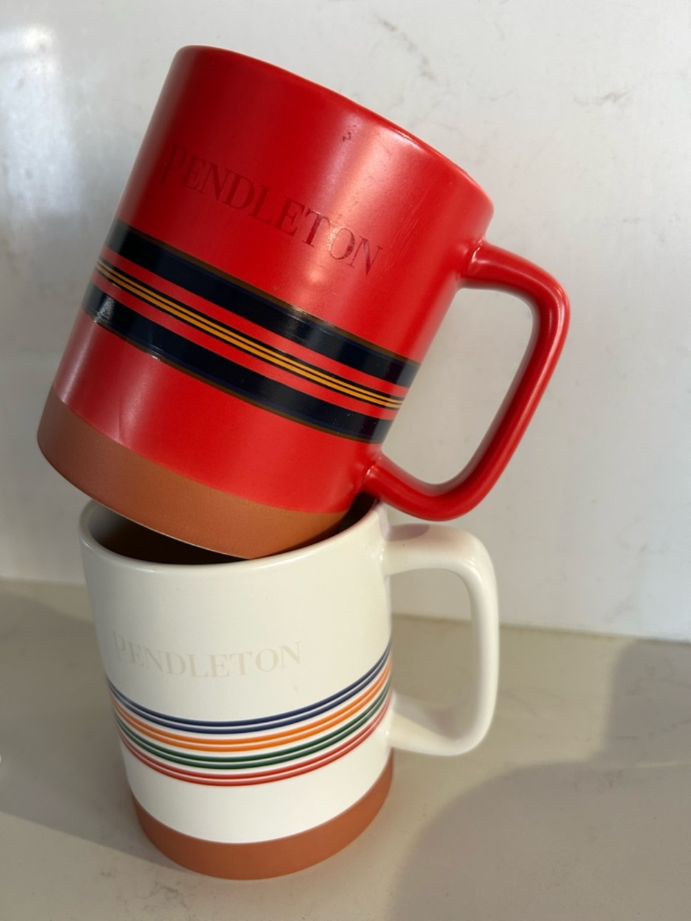 Pendleton Red and Cream Striped Ceramic Mug Duo 18 ounces NWOT